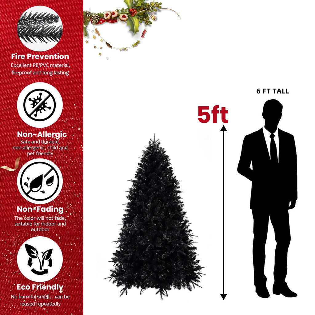 7.5ft Black Artificial Christmas Tree with 500 White LED Lights – 2156 PE+PVC Tips, Modern Hinged Design & Durable Metal Stand