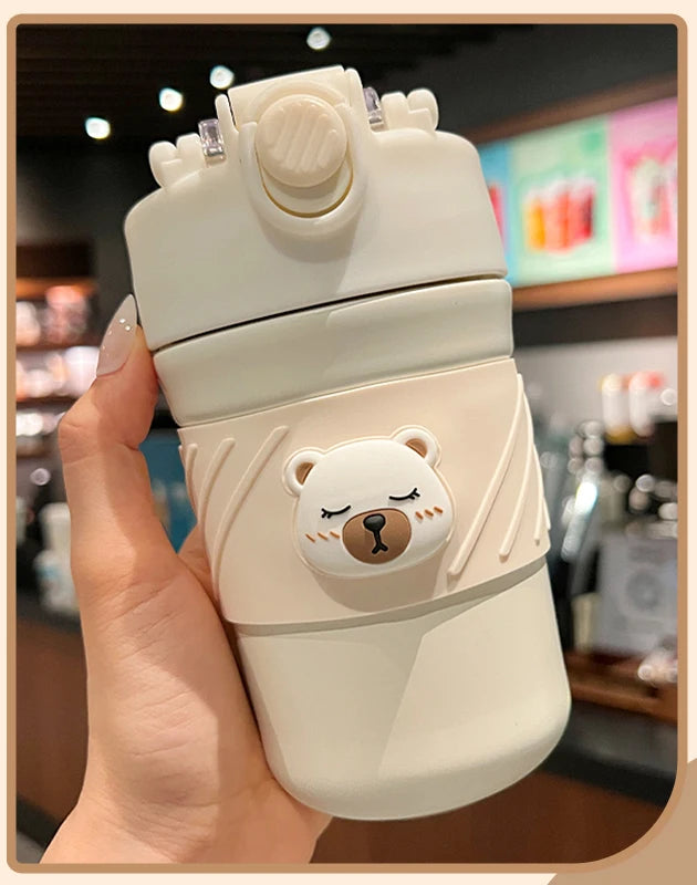 450ML Cute Bear Double Drink Thermos Coffee Mug With Straw Portable Stainless Steel Tumbler Insulated Cup Bottle For Kids Girls