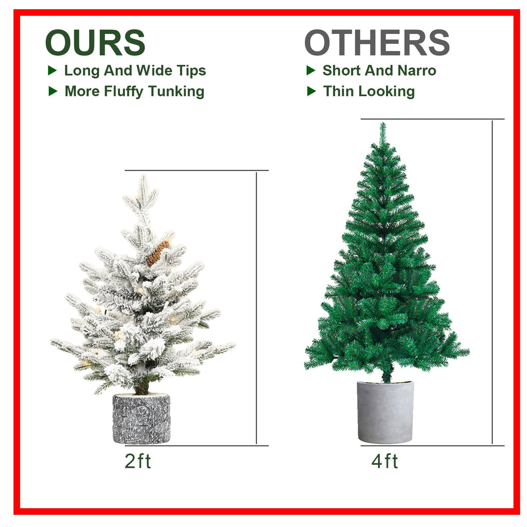 2ft Small Flocked Christmas Tree with Pot Base – 30 Warm White LED Lights, 189 PVC Tips, and Natural Pine Cones