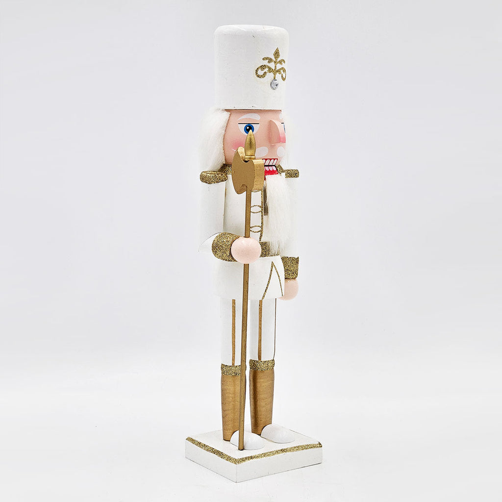 White & Gold Christmas Nutcracker Figurine – 14" Classic Wooden Holiday Decor