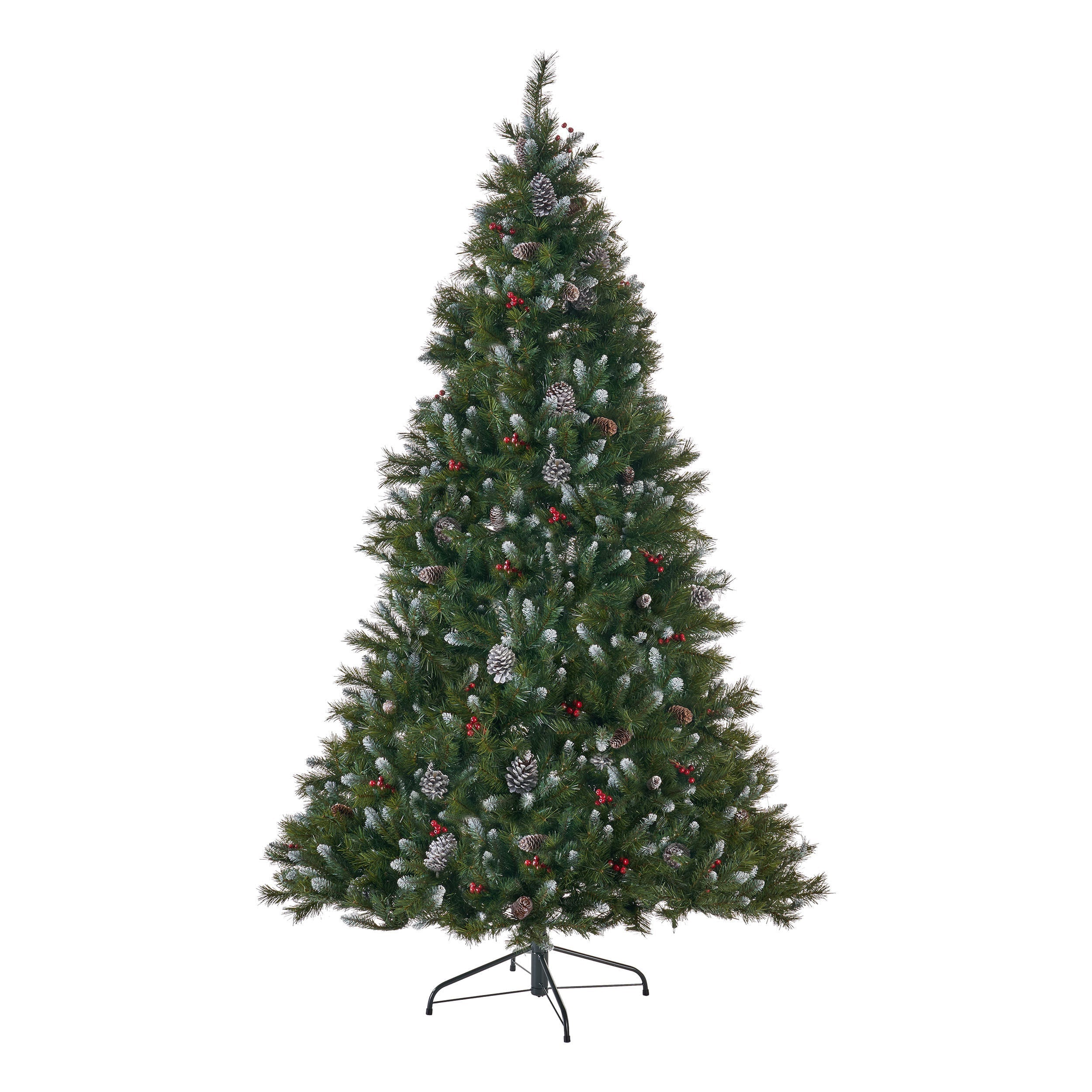 7ft Pre-Lit Frosted Christmas Tree with 52 Pine Cones & 26 Red Berries – 450 Clear UL Lights, 1219 PVC Tips, Hinged Design