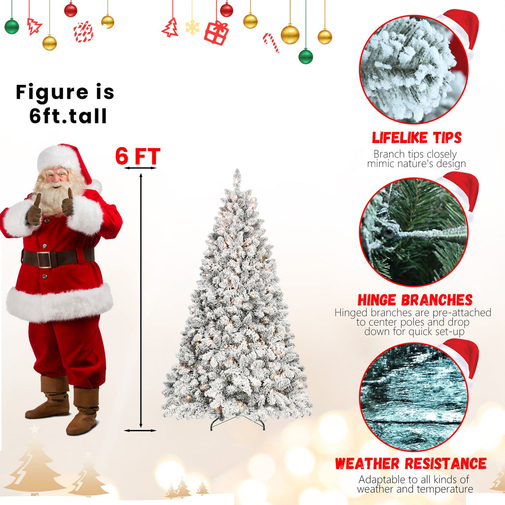 8ft Flocked Christmas Tree with 700 Warm White UL Lights & 54 Pine Cones – 1754 Snowy PVC Tips, Hinged Structure, and Metal Stand