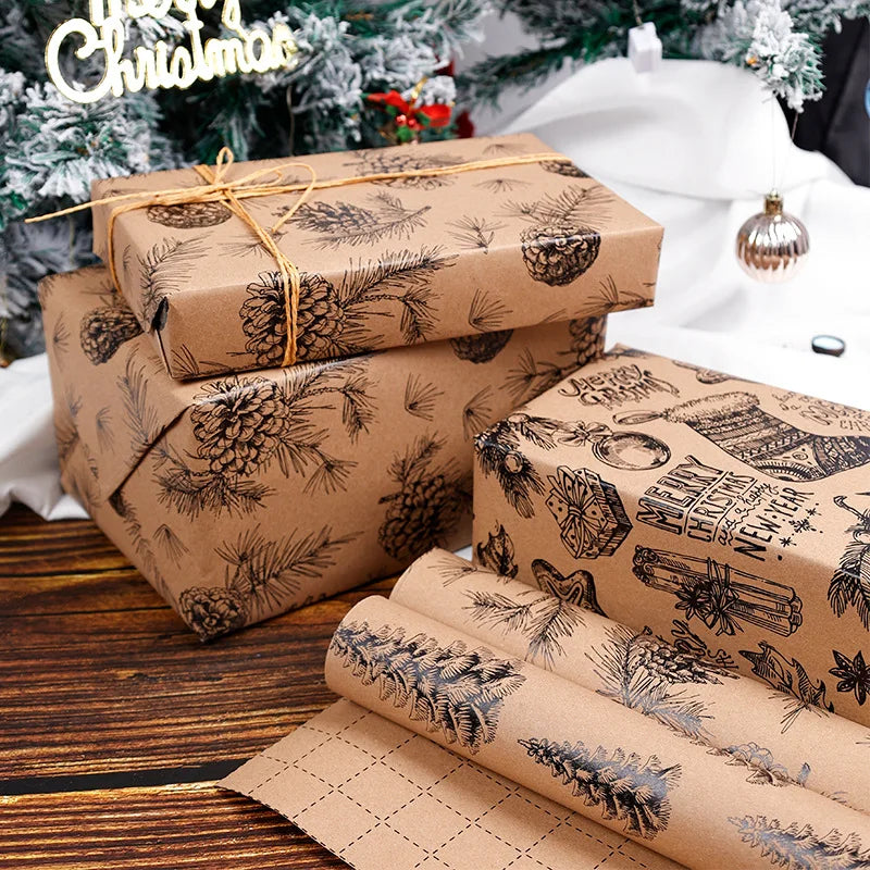 Rustic Kraft Wrapping Paper Roll – 4 Different Styles Pinecone, Christmas Tree & Holiday Berry Designs, Vintage Brown Gift Wrap for Handmade Crafts & Holiday Gifts