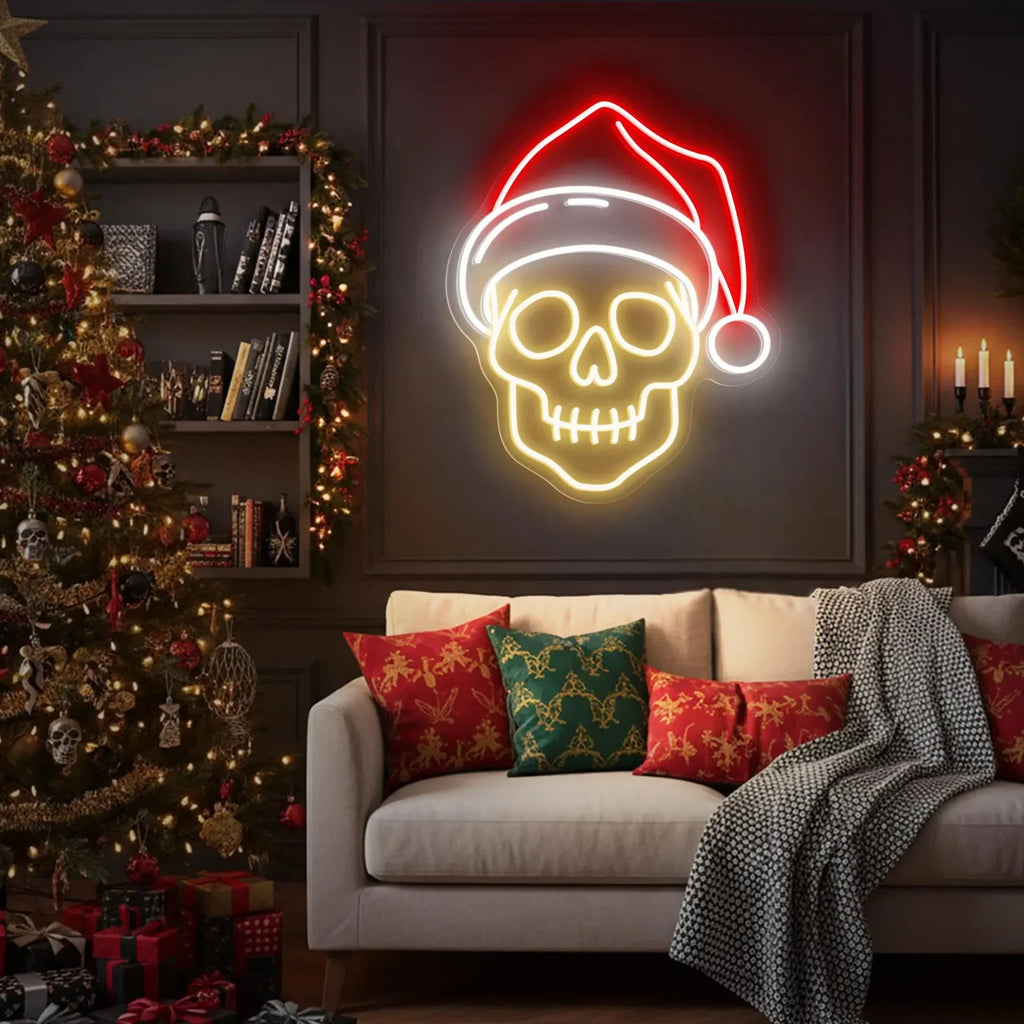 Skull with Santa Hat Neon Sign | Spooky Christmas Wall Light | Gothic Holiday Decor | Creepy Xmas Party Neon | Christmas Decor