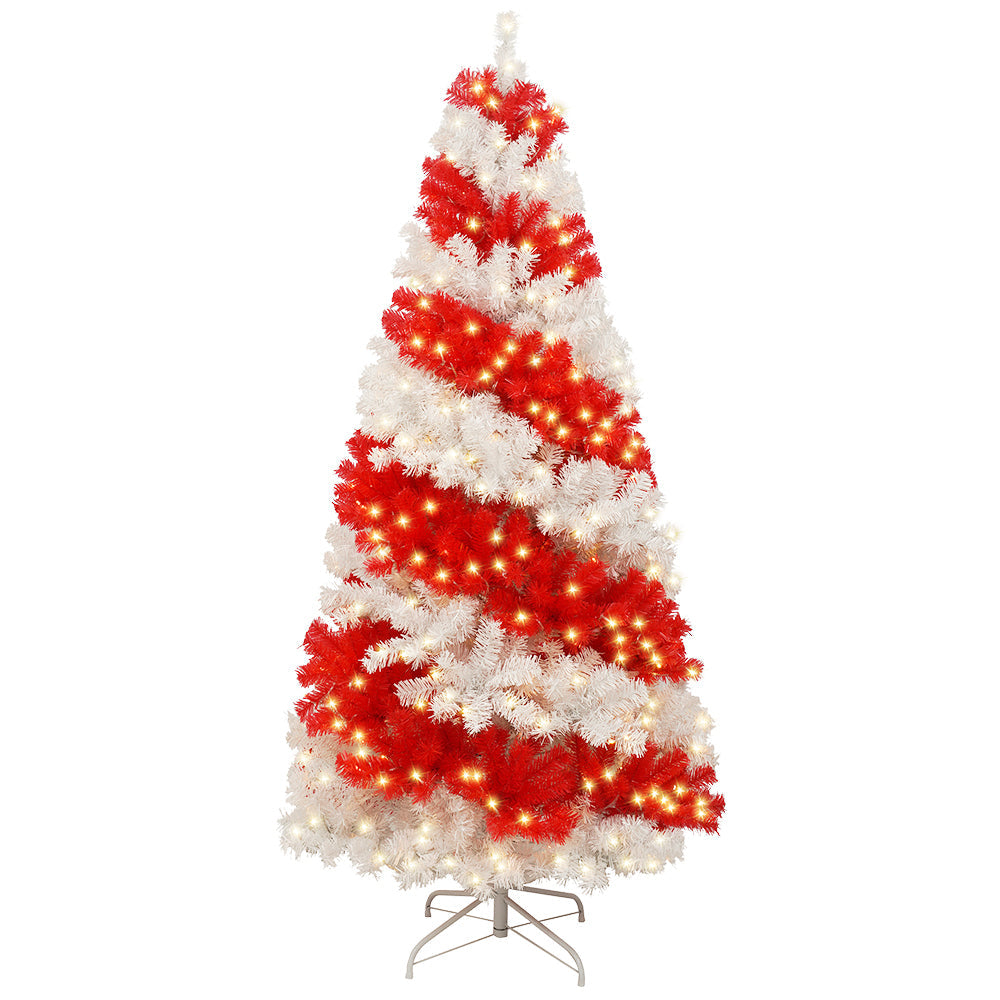 6ft Candy Cane Artificial Christmas Tree with 300 LED Lights – Red & White Holiday Tree with 904 Branch Tips and Metal Stand