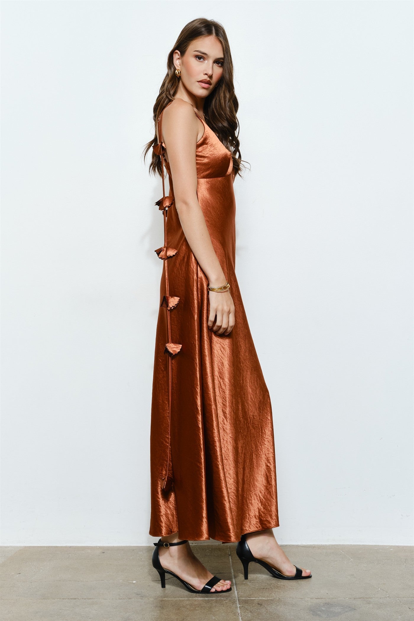 3D Satin Flower Draped Back Maxi Dress