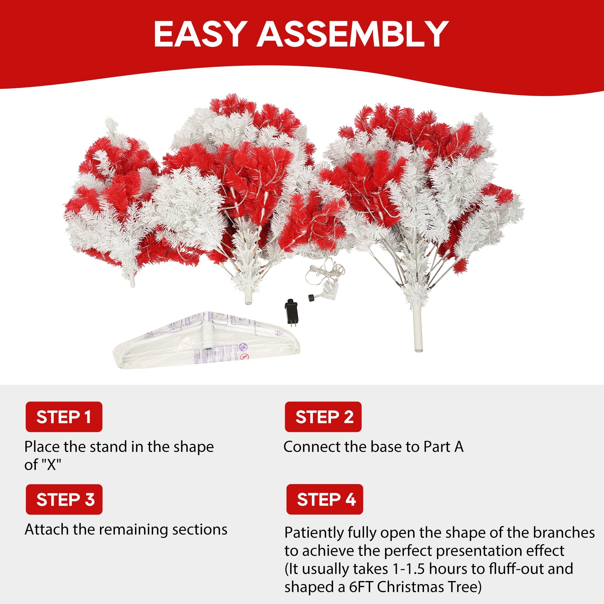 6ft Candy Cane Artificial Christmas Tree with 300 LED Lights – Red & White Holiday Tree with 904 Branch Tips and Metal Stand