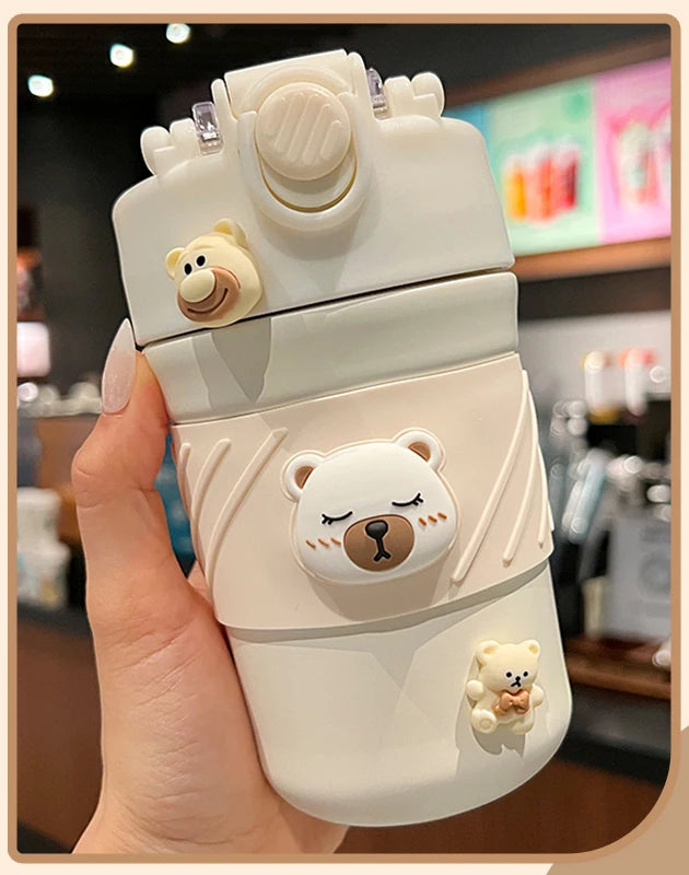 450ML Cute Bear Double Drink Thermos Coffee Mug With Straw Portable Stainless Steel Tumbler Insulated Cup Bottle For Kids Girls