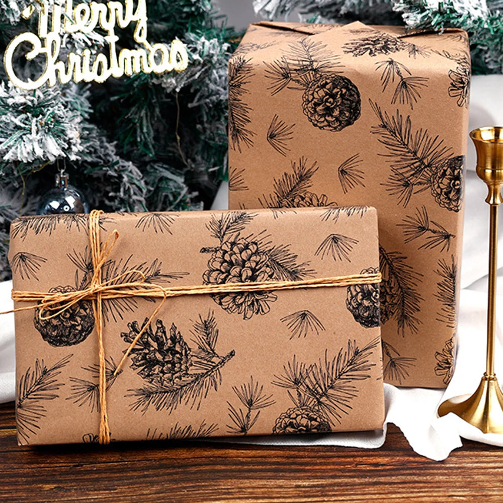 Rustic Kraft Wrapping Paper Roll – 4 Different Styles Pinecone, Christmas Tree & Holiday Berry Designs, Vintage Brown Gift Wrap for Handmade Crafts & Holiday Gifts