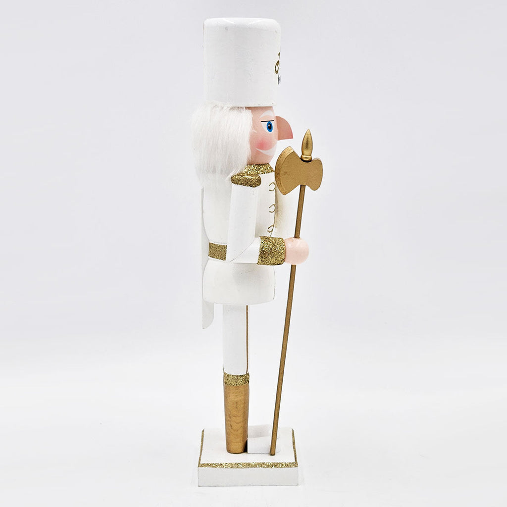 White & Gold Christmas Nutcracker Figurine – 14" Classic Wooden Holiday Decor