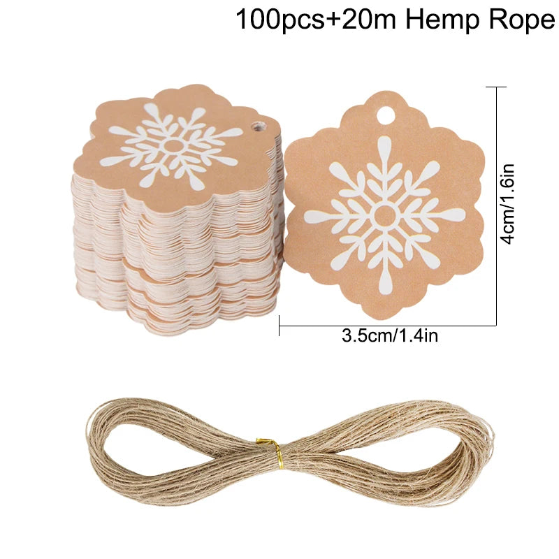 100pcs Merry Christmas Gift Tags with 65ft Hemp Rope – Holiday Paper Tags for Christmas Wrapping, Party Favors & DIY Packaging (Assorted Designs)