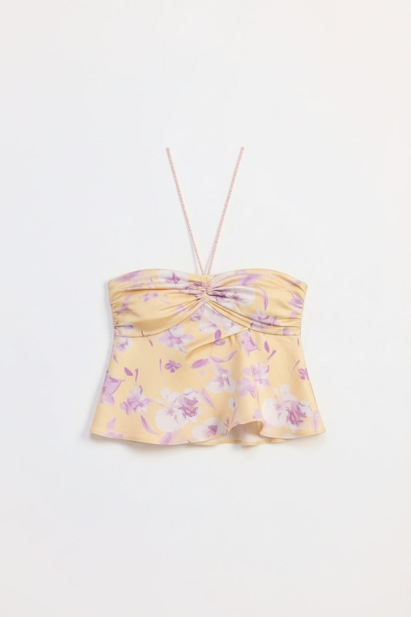 Floral Strapless Ruched Halter Top