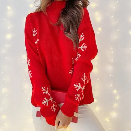 Classic Red Snowflake Knit Sweater – Cozy Christmas Pullover, Winter Holiday Essential for Women